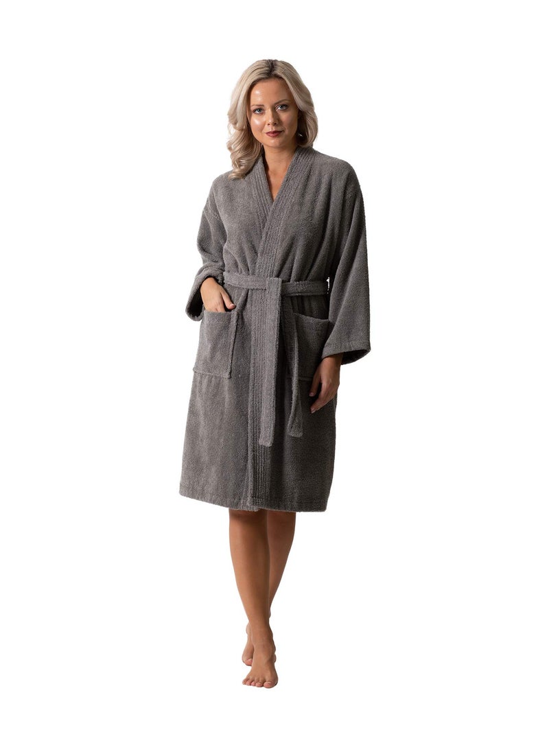 Turkish Linen Luxurious Turkish Cotton Kimono Collar Super-Soft Terry Absorbent Bathrobes for Women (Gray, Medium) - Image 1